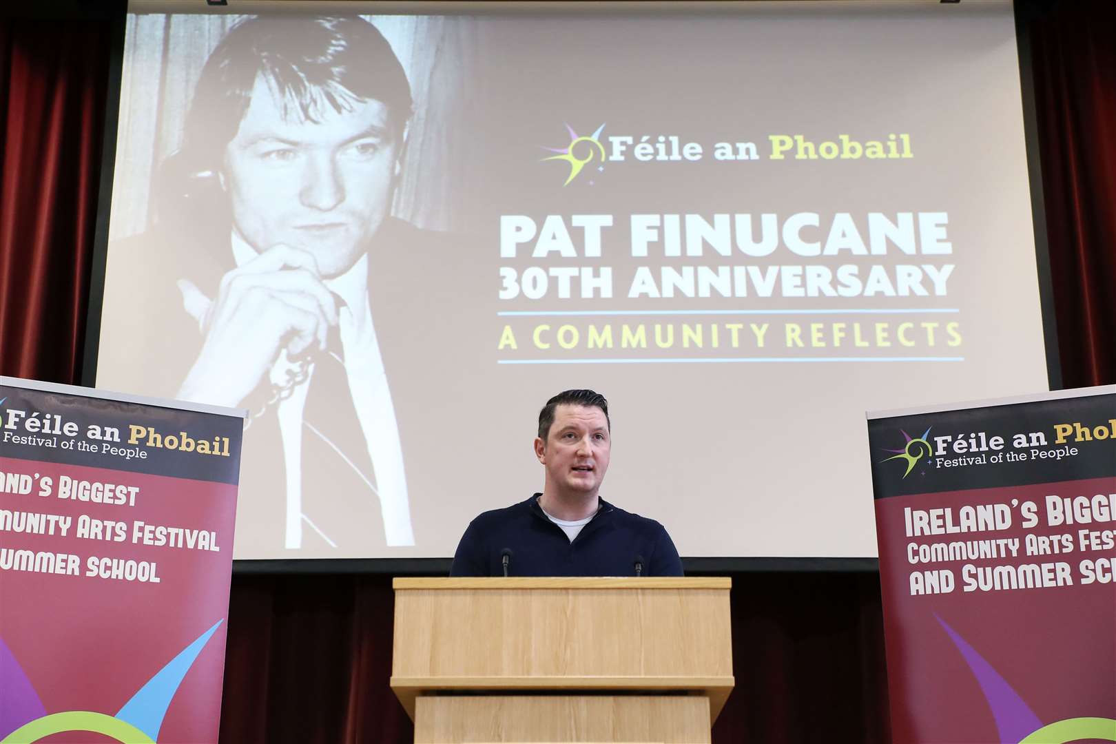 John Finucane speaking at St Mary’s University College Belfast at an event to mark the 30th anniversary of the death of his father, Belfast solicitor Pat Finucane (Kelvin Boyes/AP)