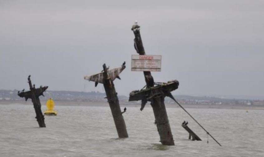 Masts of the wreck of the SS RIchard Montgomery Second World War bomb ship underwater off Sheerness on the Isle of Sheppey. Picture: Maritime & Coastguard Agency (15290130)