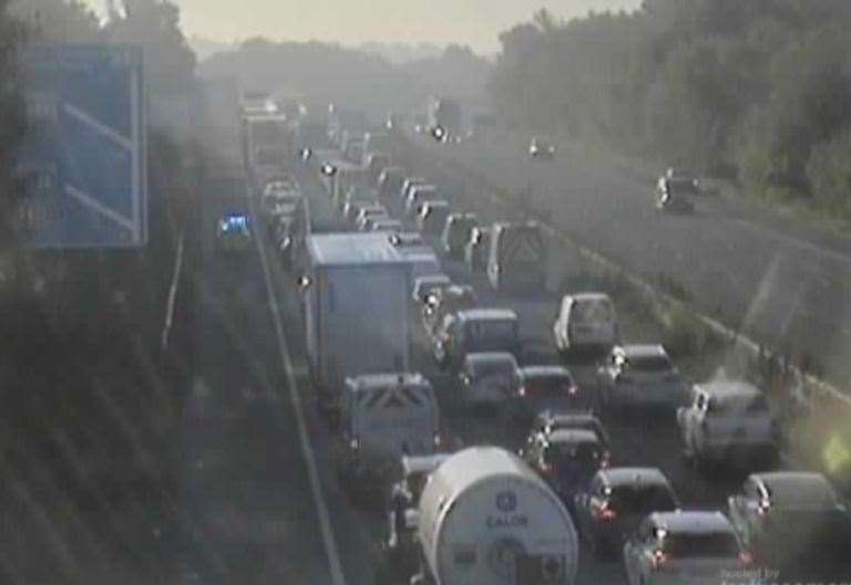 Heavy traffic on M20 coastbound between Junctions 9 and 10 at Ashford after two-car crash