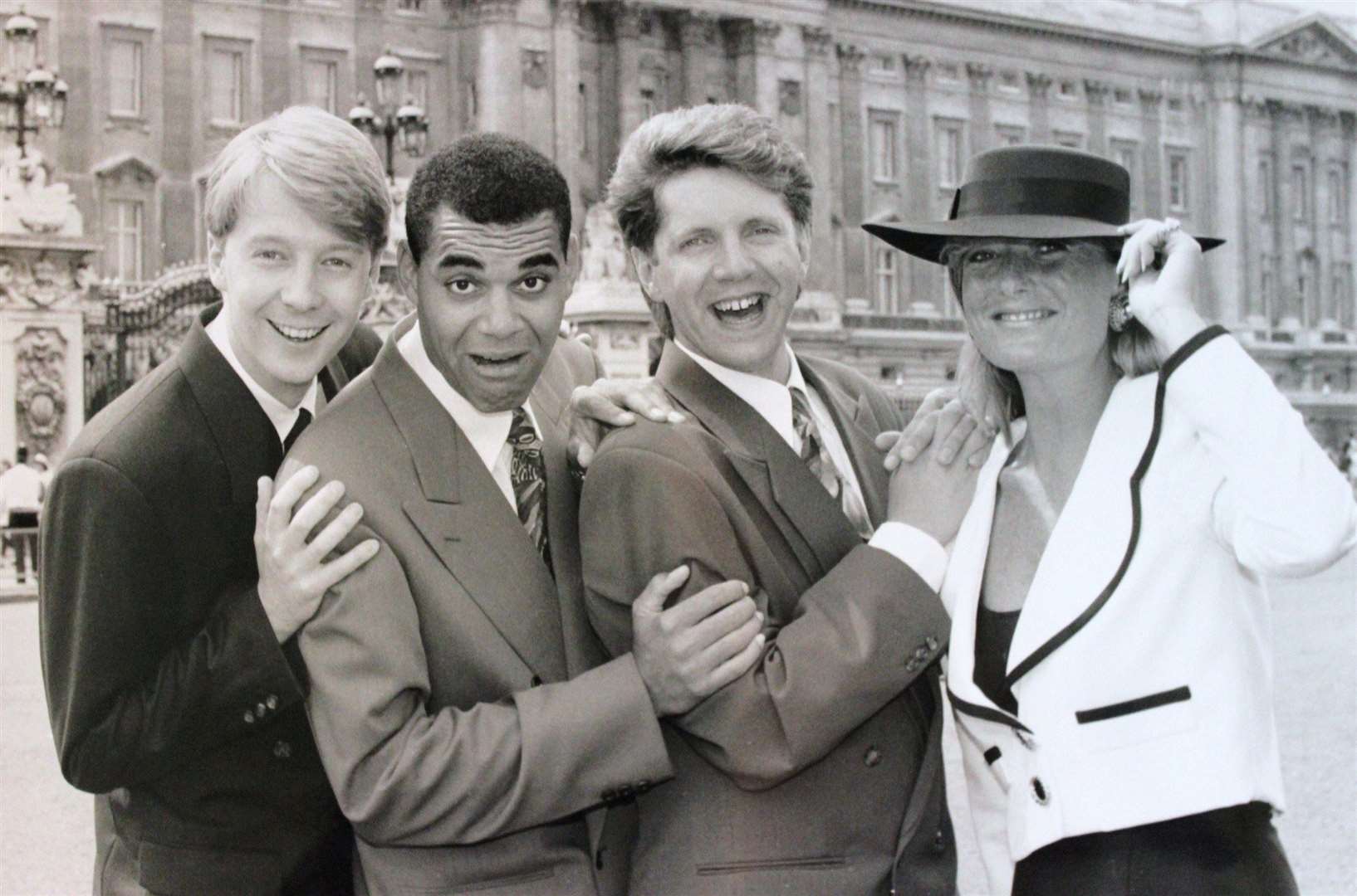 Tea at Buckingham Palace for the Motormouth gang, from the left, Andy Crane, Steve Johnson, Neil Buchanan and Gaby Roslin
