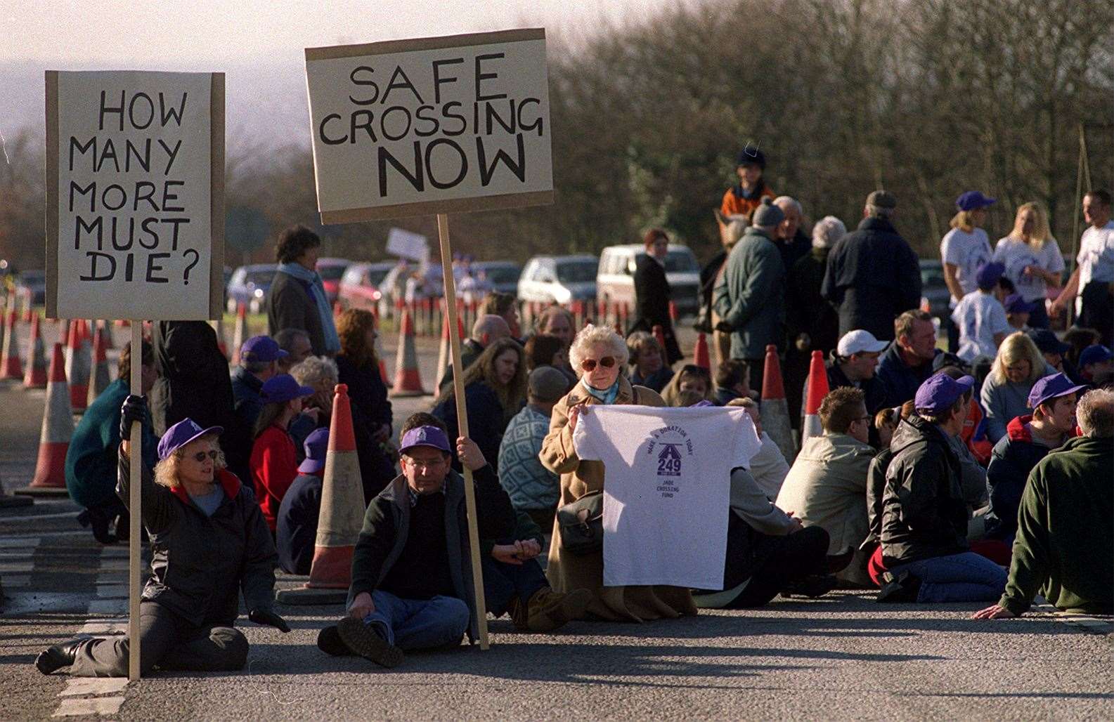 A sit-down blockade on the A249 by campaigners calling for a safe crossing on the road at Detling.