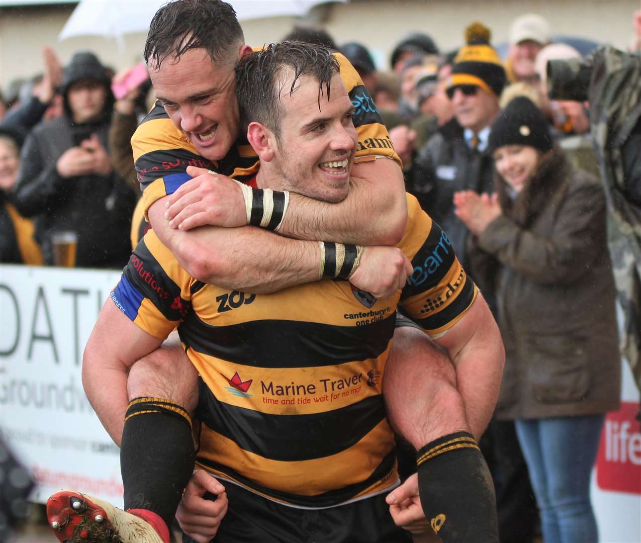 Canterbury duo Sean Stapleton and Tom Best celebrate winning promotion to National League 1. Picture: Phillipa Hilton