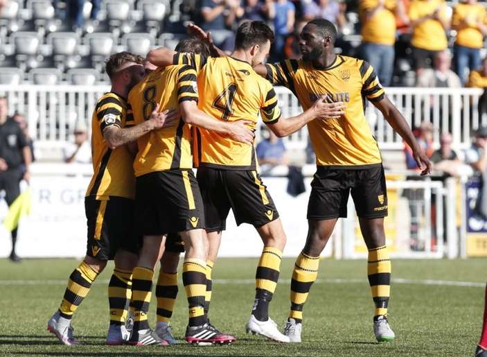 Maidstone celebrate Joe Healy's header at the end of the first half Picture: Matt Walker