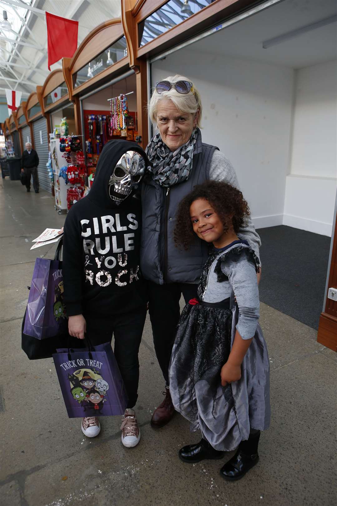 Halloween Pumpkin Event. Pictured are Annabelle Glover (9) & Ruby Glover (6) with Nan Sue Glover..Gravesend Borough Market, Market Square, Gravesend..Picture: Andy Jones.