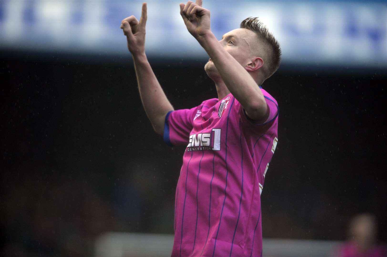 Joe Pigott celebrates scoring his only Gillingham goal at Carlisle in February 2014 Picture: Barry Goodwin