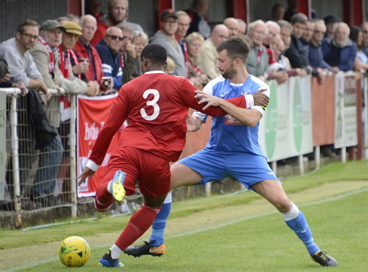 Hythe's Aziz Lyoubi clears his lines against Tonbridge on Saturday. Picture: Paul Amos