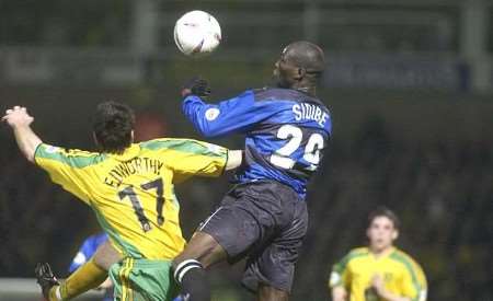 AIR POWER: Gillingham's Mamady Sidibe in action at Carrow Road. Picture: GRANT FALVEY