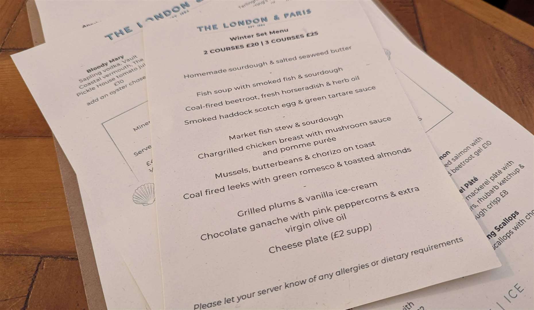 The set menu at the London and Paris seafood restaurant in Folkestone