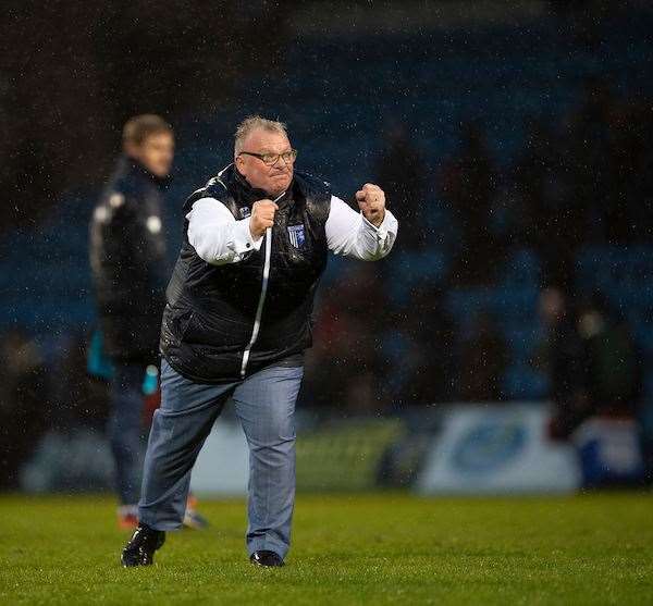 Manager Steve Evans celebrates with the Rainham End at full time Picture: Ady Kerry (29340133)