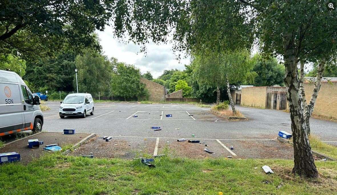 Gas canisters and their boxes litter a car park in New Ash Green. Photo: Scott Frazier