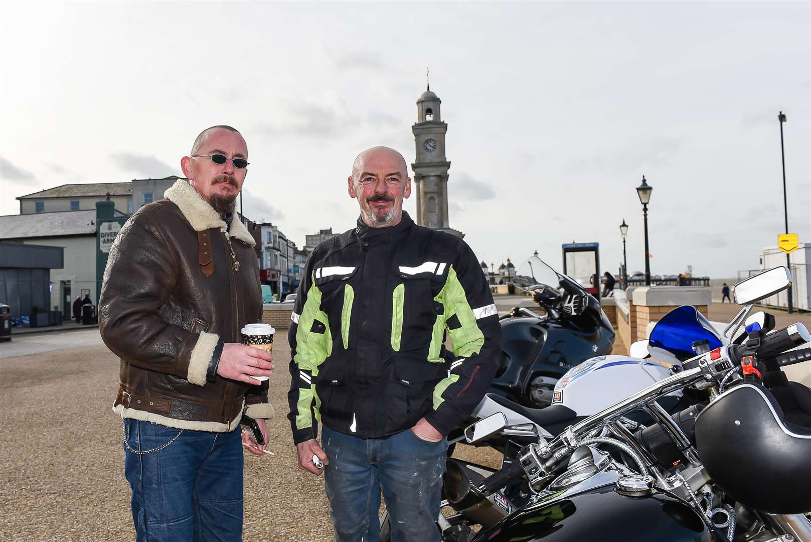 Bikers Lee Gibson and Dave Adams fear a pavement parking ban could mean bikers won't be able to park outside Neptune's car park in Central Parade, Herne Bay