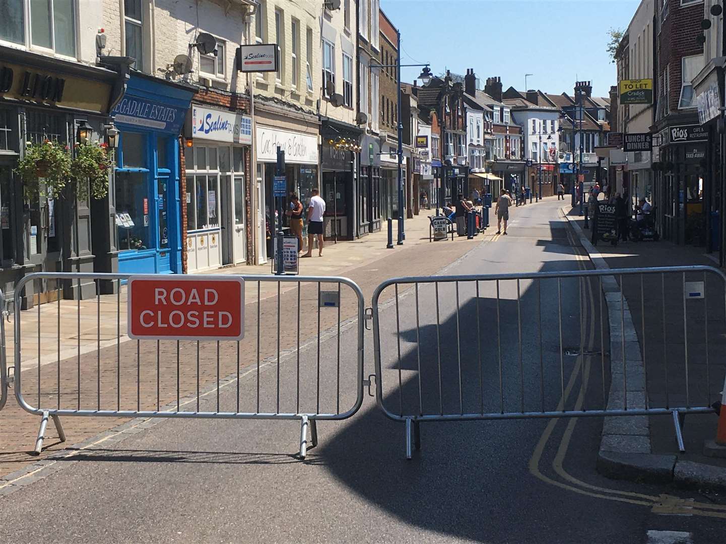 Road closed signs at Victory Street to mark the pedestrianisation of Sheerness High Street