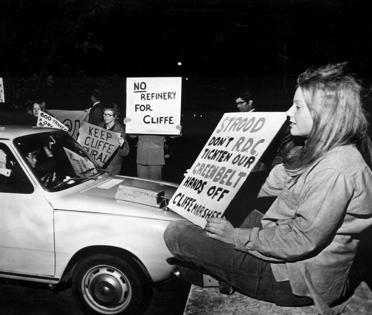 Protesters at Cliffe in November 1971 opposed to plans by the Burmah-Total oil company to build a refinery on Cliffe marshes