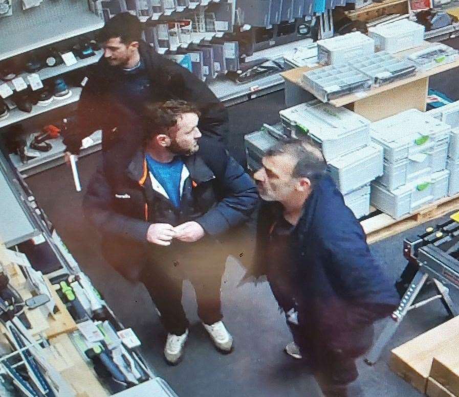 CCTV of three men police would like to speak to regarding the theft of power tools in Sheppey Way, Bobbing. Photo credit: Kent Police