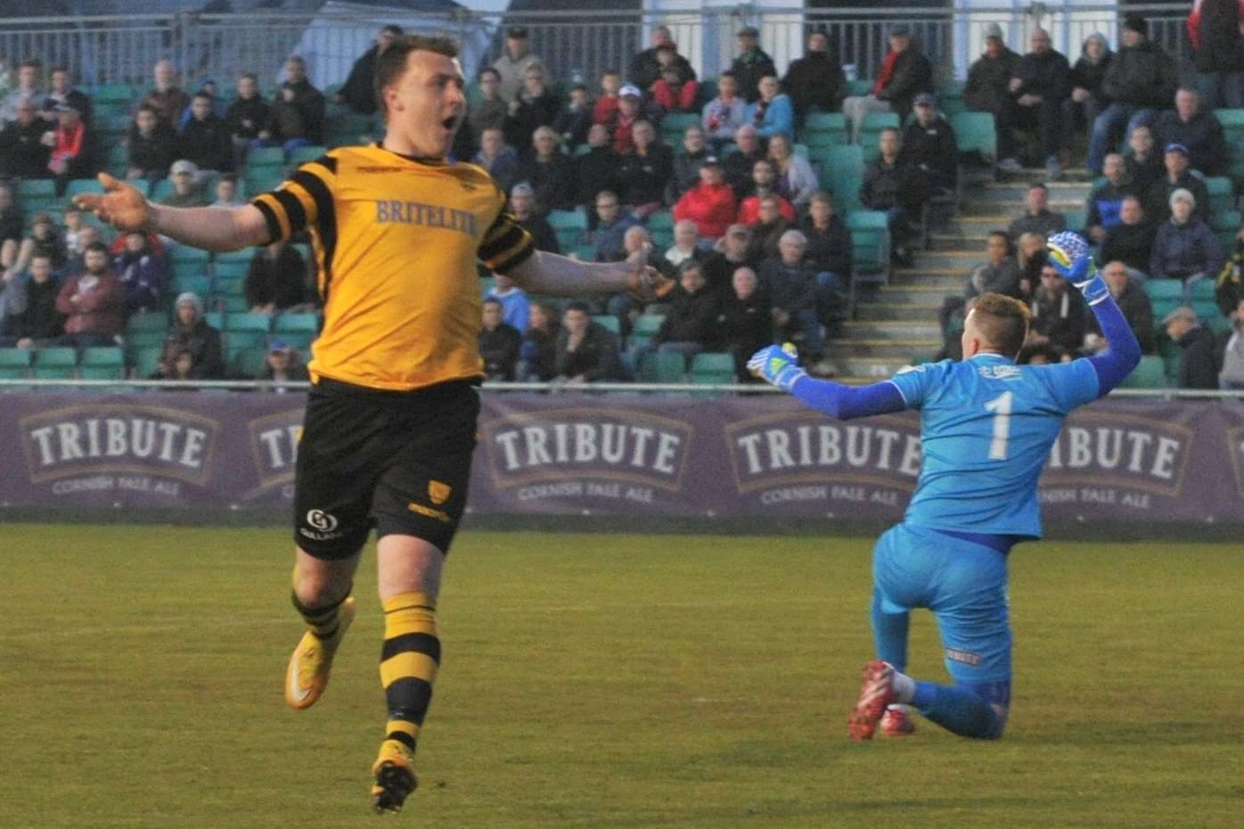 Alex Flisher celebrates his goal at Truro on Wednesday Picture: Steve Terrell
