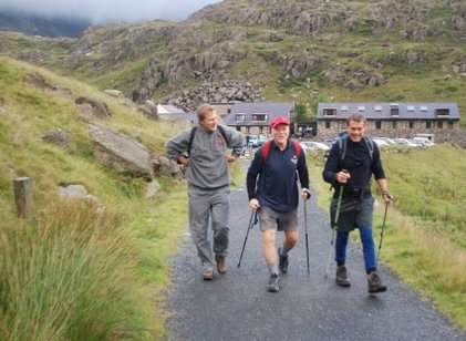 Bob Marchbank (centre) with Chris Middelton and David How at the start of a climb of Mount Snowdon.