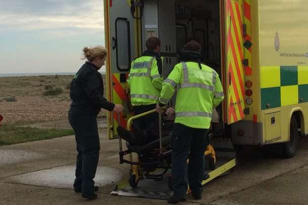 The casualty, who had collapsed on an angling boat, about to be taken to hospital by ambulance. Picture by Judith Richardson, RNLI.