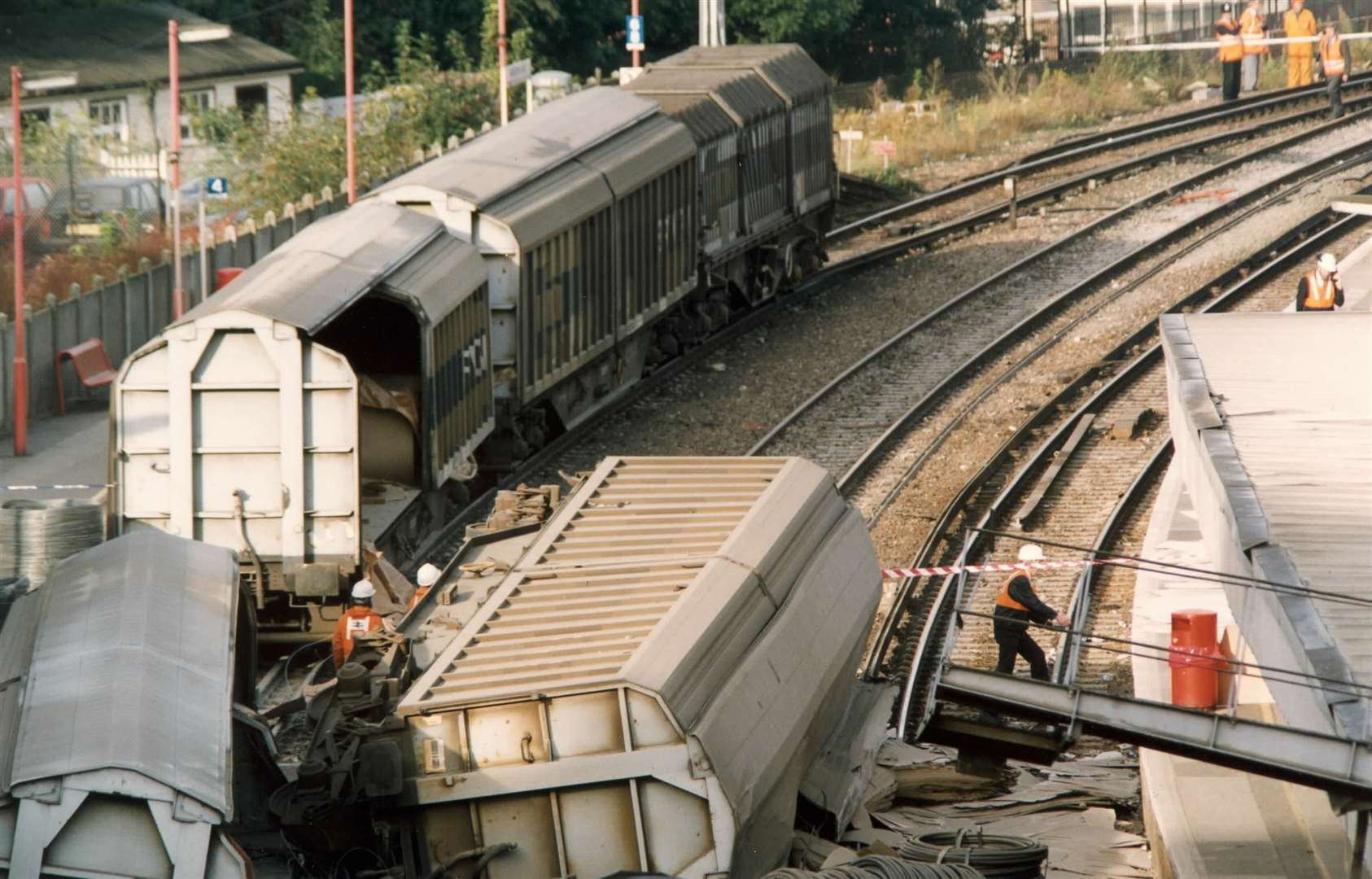 The overturned freight train at Maidstone East train station in 1993