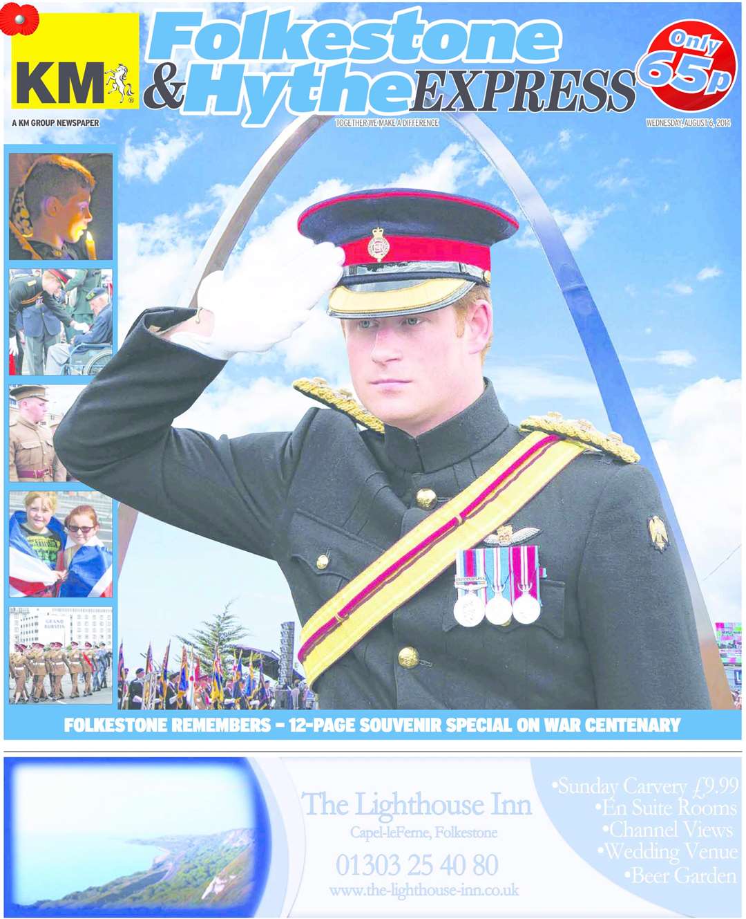 Prince Harry comes to Folkestone and features on the August 6 2014 front page