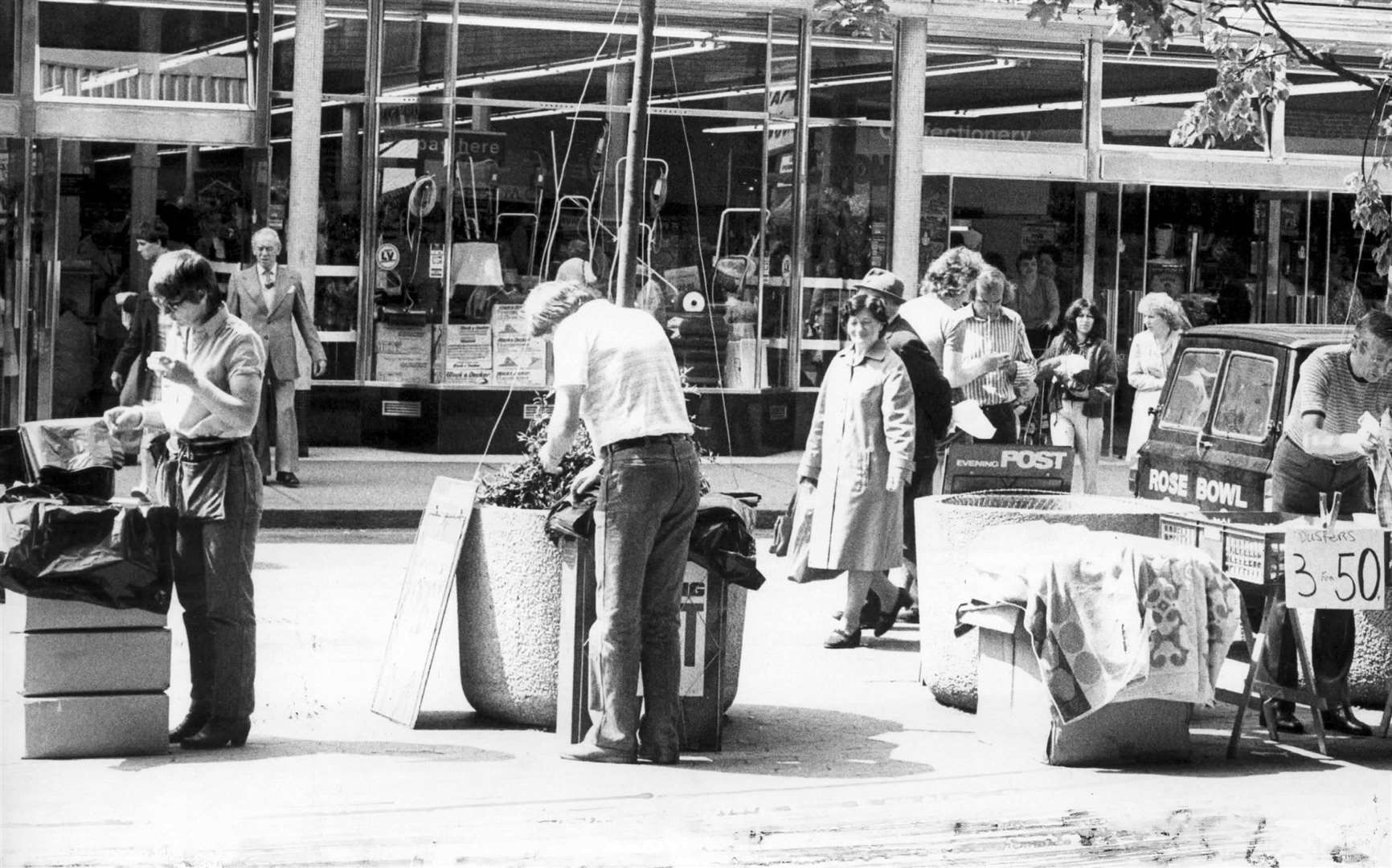 Street traders outside the Pentagon shopping centre in Chatham in May 1982