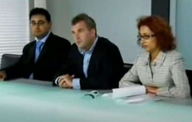 Raj, left, was given his marching orders after nine weeks - alongside him in the boardroom are James Max and Saira Khan. Picture: BBC