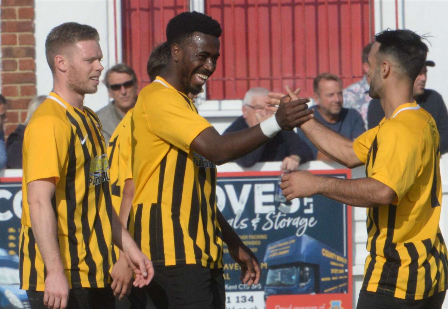 Folkestone celebrate Ira Jackson's second goal against Whitstable on Saturday Picture: Chris Davey