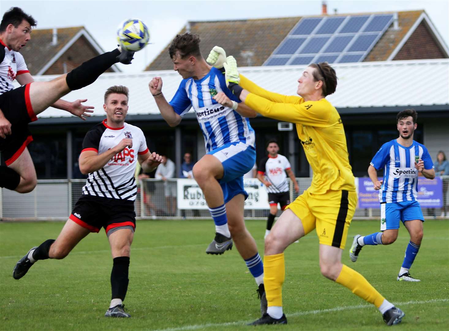 Deal striker Riley Alford fails to connect in the box during their Southern Counties East defeat at home to VCD. Picture: Paul Willmott