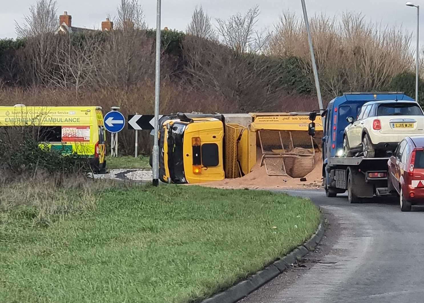 Salt from the overturned lorry covered the road. Picture: Andrew Davis