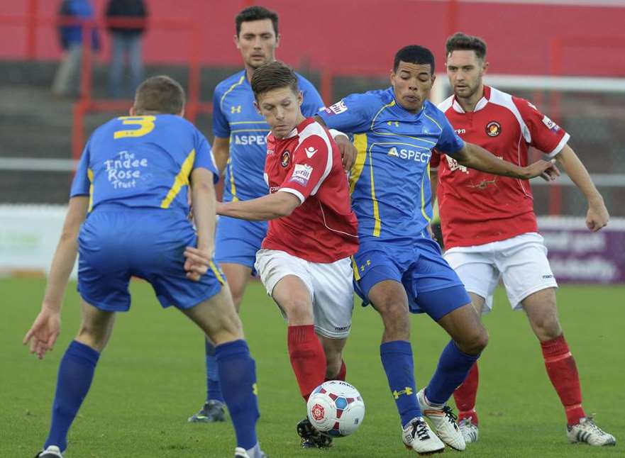 Andy Pugh (centre) had a loan spell at Ebbsfleet last season Picture: Andy Payton