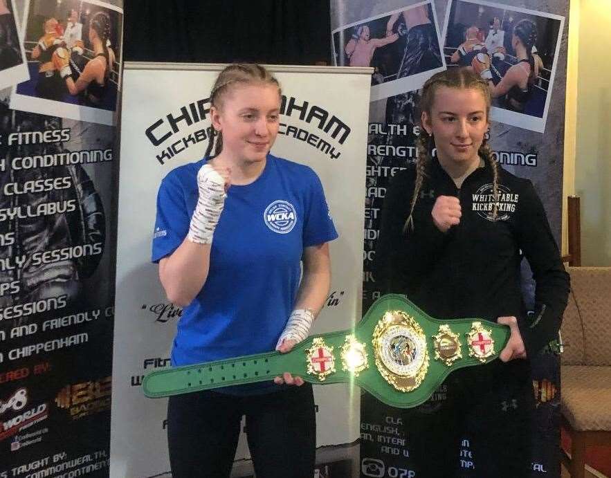 Monger, right, poses with the belt ahead of her fight with Wales' Abi Williams