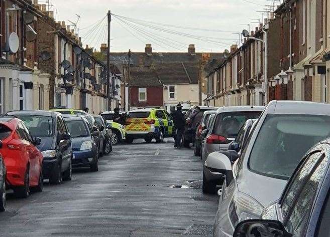 Police in Jefferson Road, Sheerness, yesterday evening Picture: Leona Fox