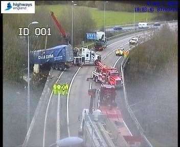 The lorry following the crash on the M25 bridge. Picture: Highways England (7630789)
