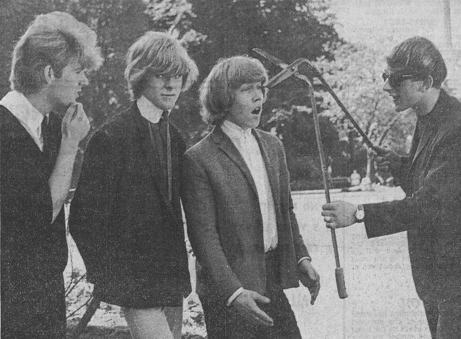 Hair length was to prove controversial for the band and here Johnny Flux threatens to give (from left) Woolf Byrne, Davie Jones and John Watson a haircut with some shears in Maidstone's Brenchley Gardens: Image from the Kent Messenger August 28, 1964