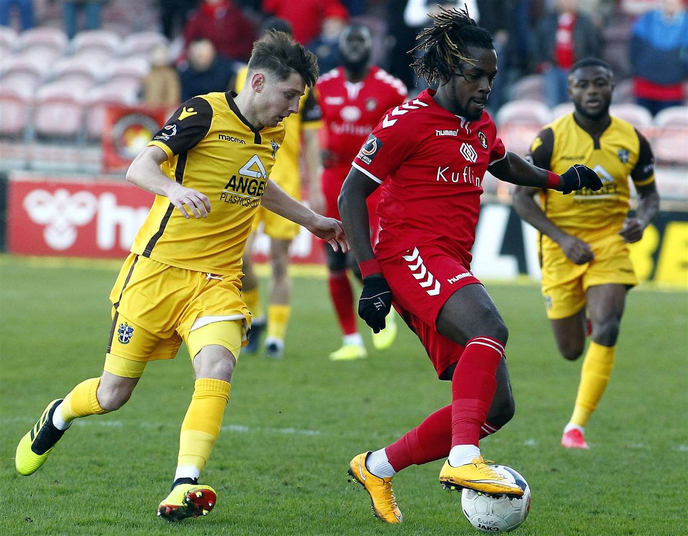 Tomi Adeloye holds the ball up for Ebbsfleet against Sutton. Picture: Sean Aidan FM28191123