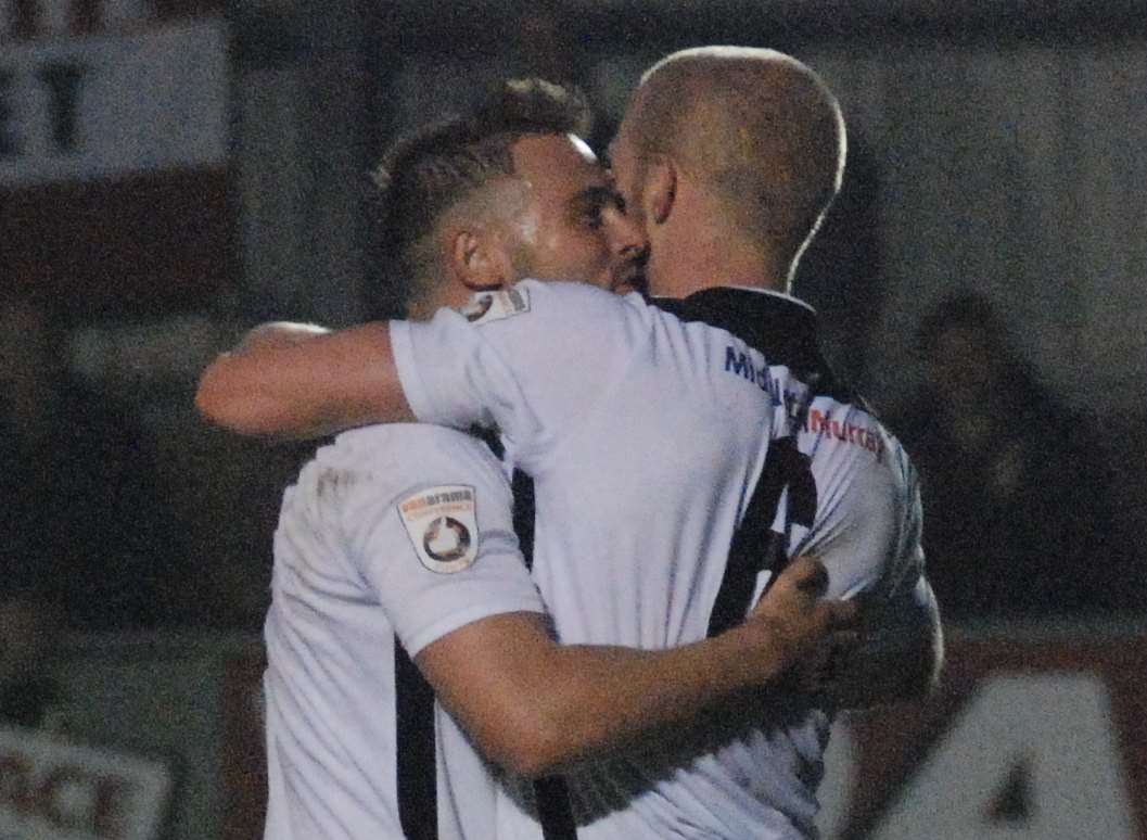 Kenny Clark congratulated by Matty Godden after scoring the equaliser Picture: Paul Jarvis
