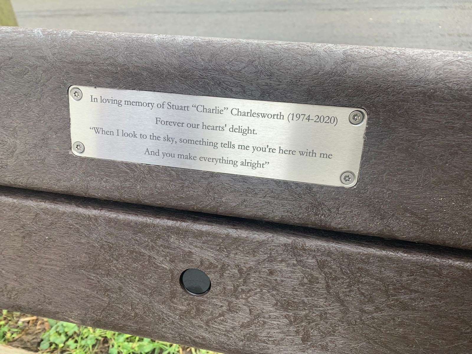 The Stuart Charlesworth memorial bench in Hearts Delight Road