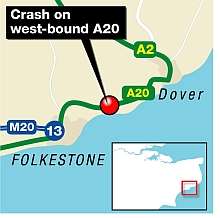 The crash happened on the London-bound A20 between Dover and Folkestone at around 3.40am Friday. Graphic: Ashley Austen
