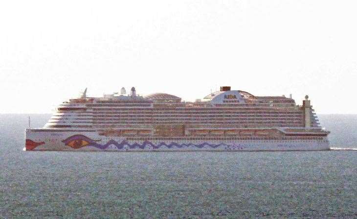 The AidaPerla passing Folkestone this morning as the cruise ship heading back to the location the crew member was first reported missing. Picture: Dover Strait Shipping - FotoFlite / Facebook