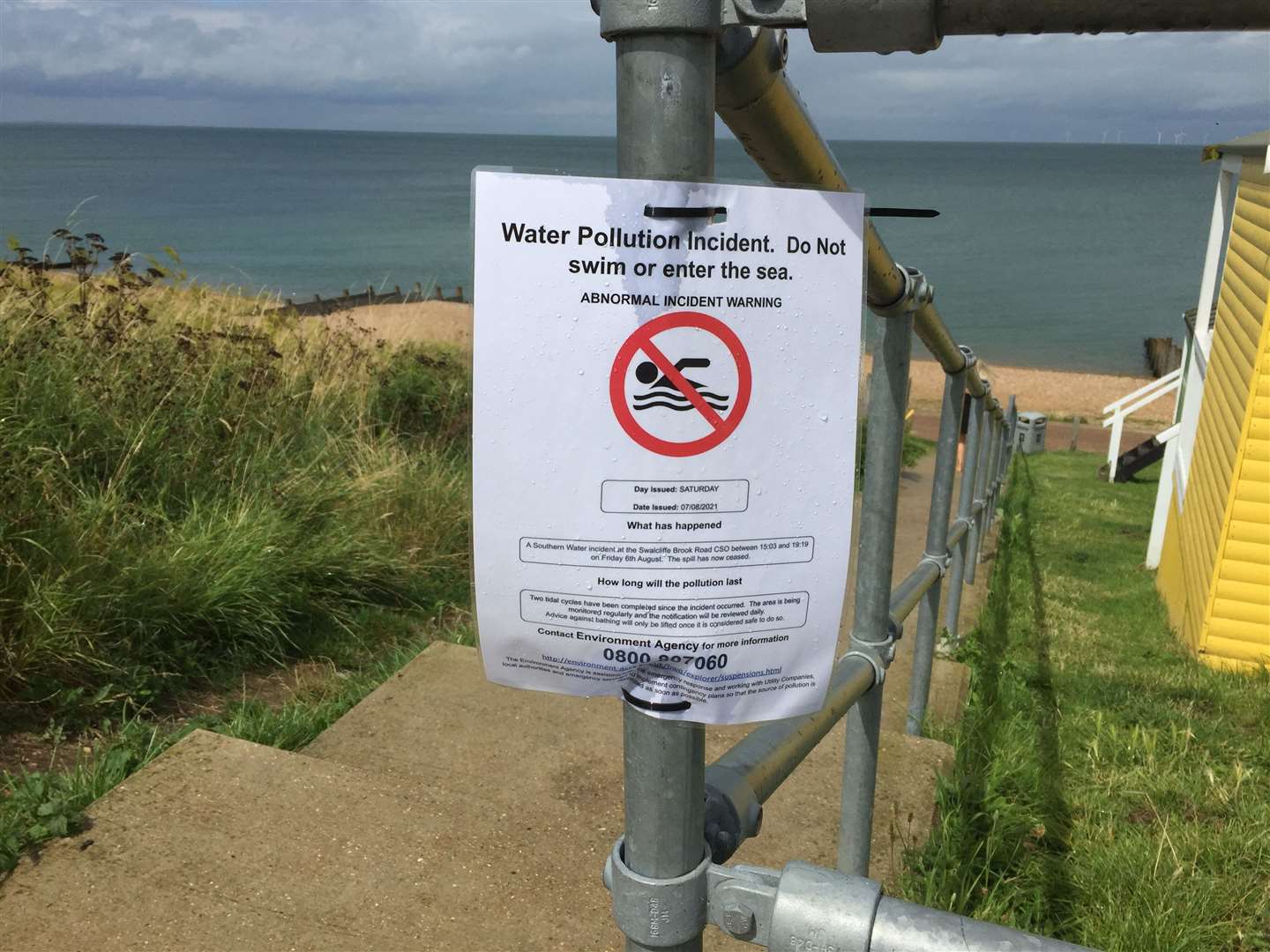 'Do not swim' signs in Tankerton after a pollution release at the Southern Water treatment site in Swalecliffe in 2021