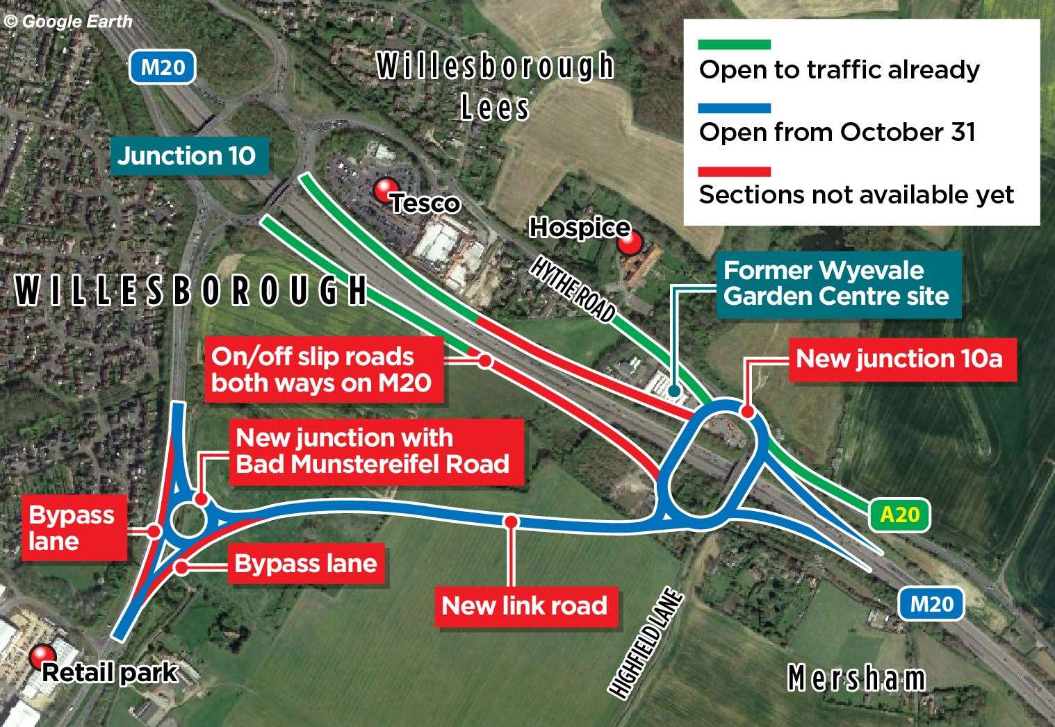 This map shows which roads will be usable at Junction 10a on Thursday, October 31