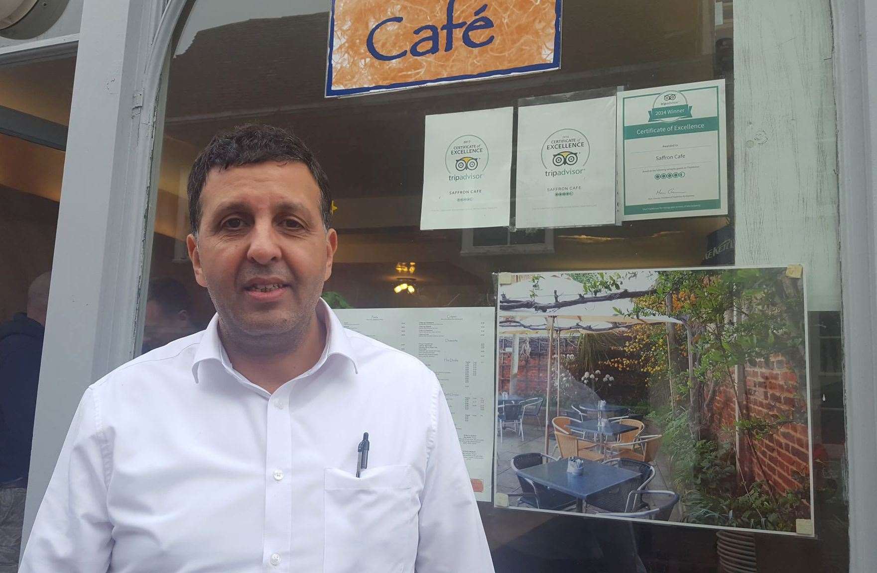 Owner Fouad Hassini outside Saffron Cafe, Canterbury