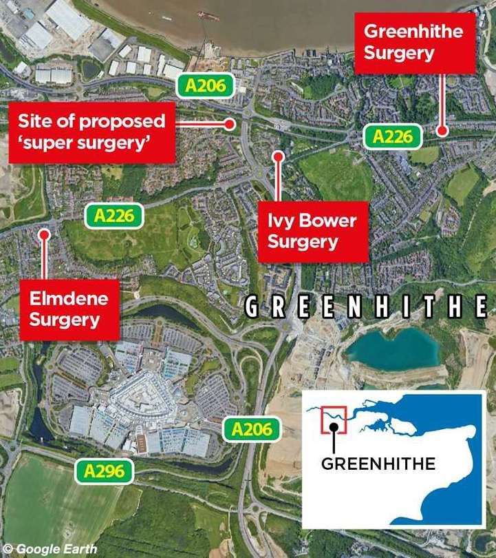 A map showing where the existing surgeries are and where the new proposed 'super surgery' is in Greenhithe