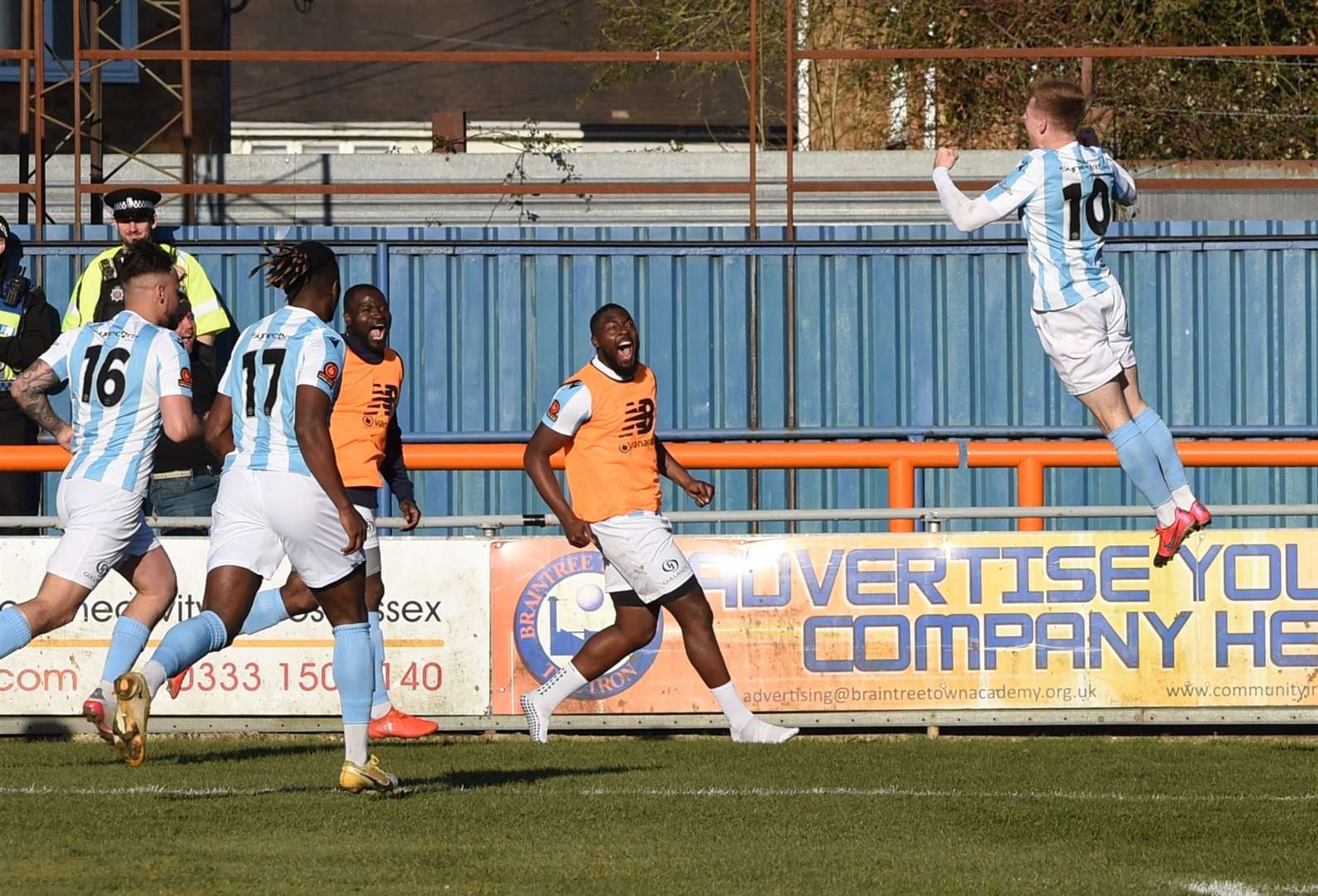 That's some leap as Jack Barham celebrates his winner at Braintree that sent Maidstone top of National South Picture: Steve Terrell