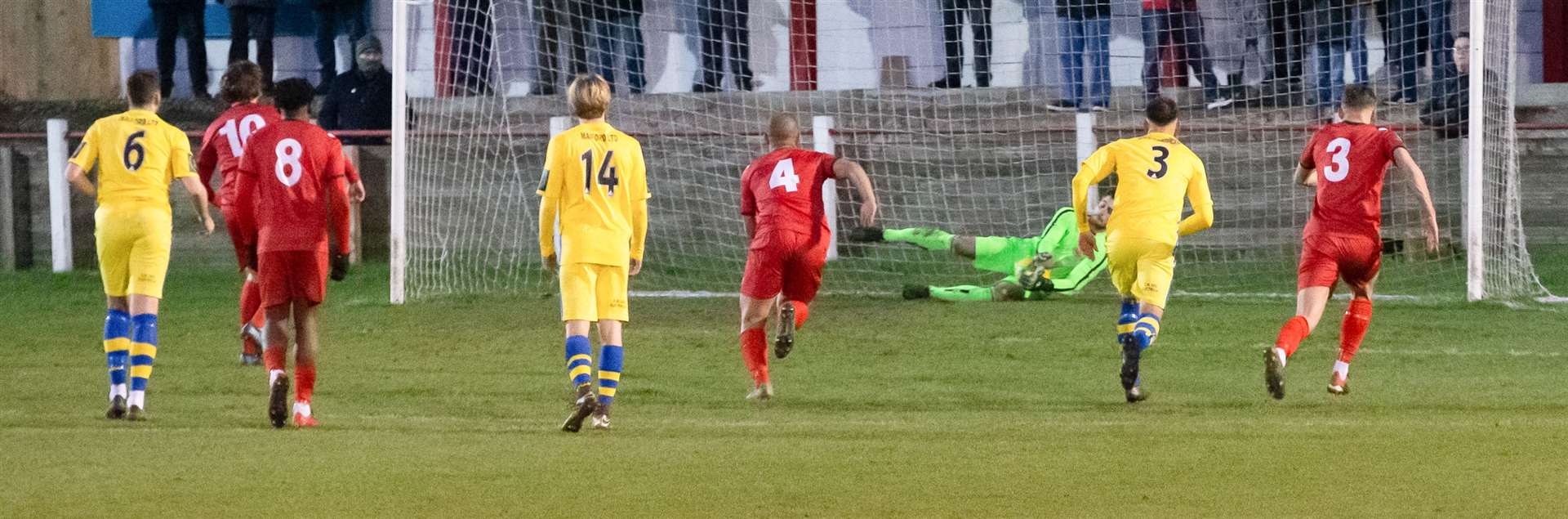 Dan Eason saves the first Ramsgate penalty Picture: Les Biggs