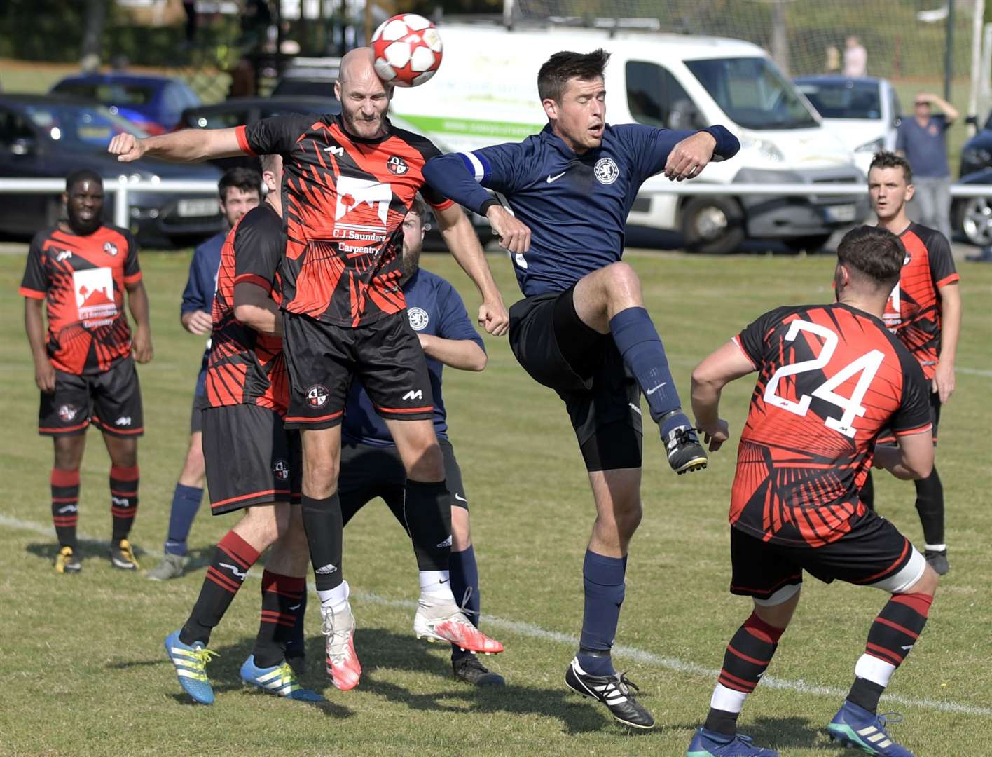 Borden Park Wanderers (blue) compete in the air against Medway Sport. Picture: Barry Goodwin (42223649)