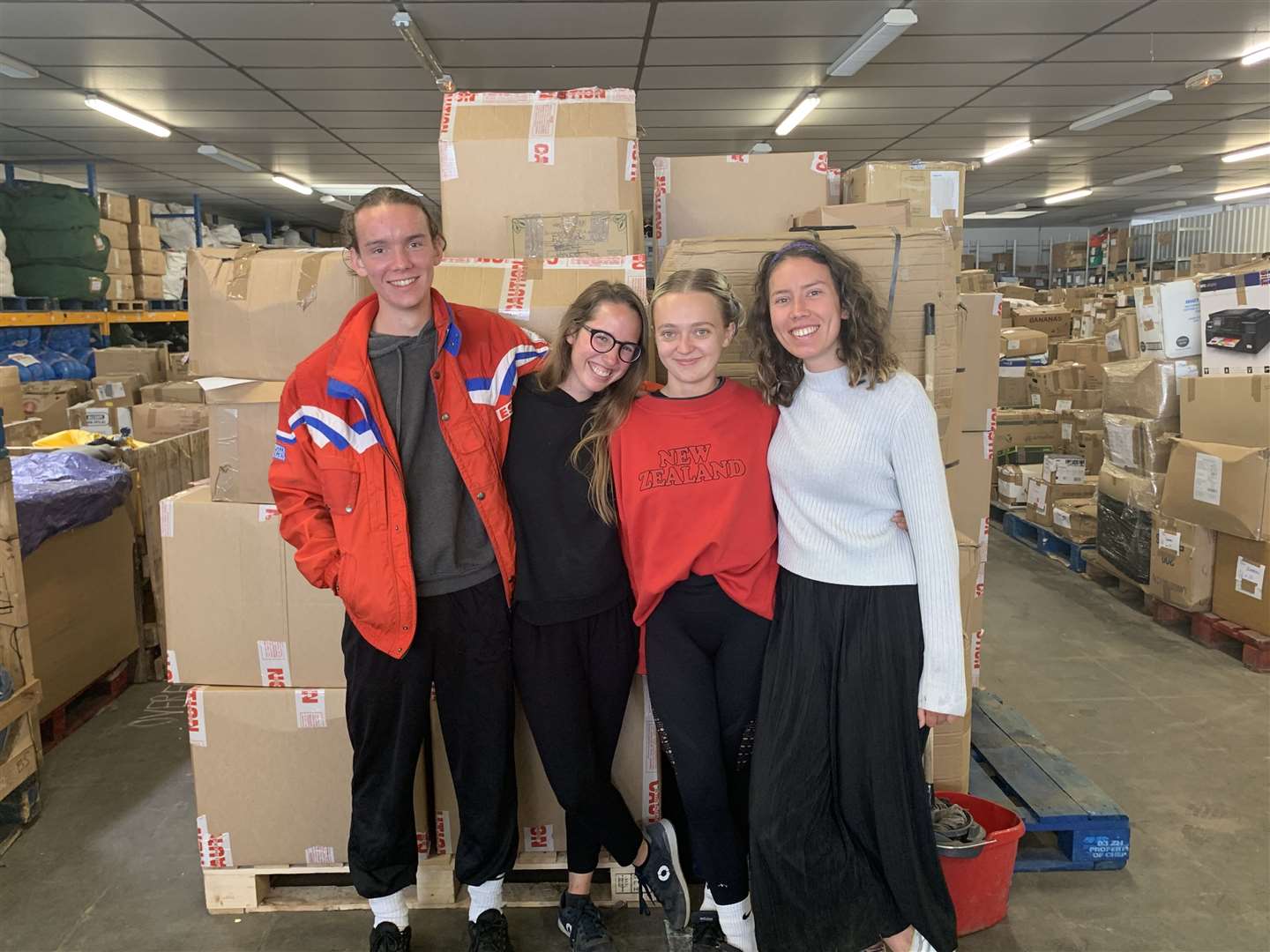 Volunteers Noah Hatchwell, 19, Cara Marsh, 21, Poppy Cleary, 21, and Xanthe Hatchwell, 23, in Calais