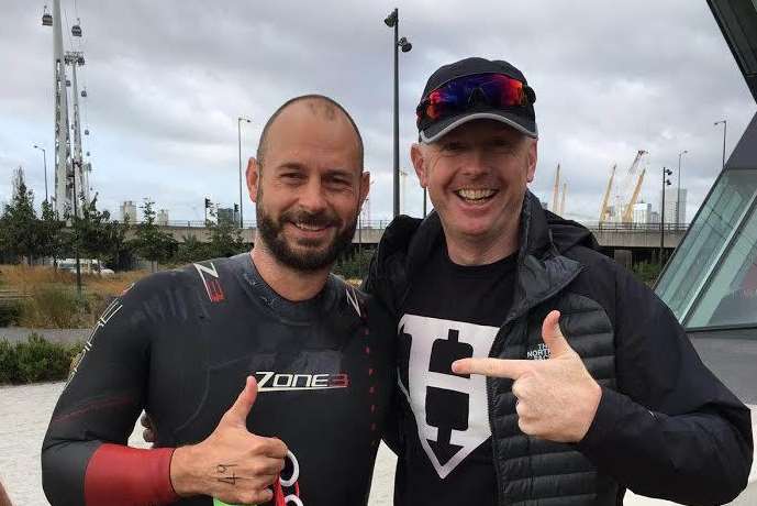 Simon Dyson with friend John Counsell after the swim