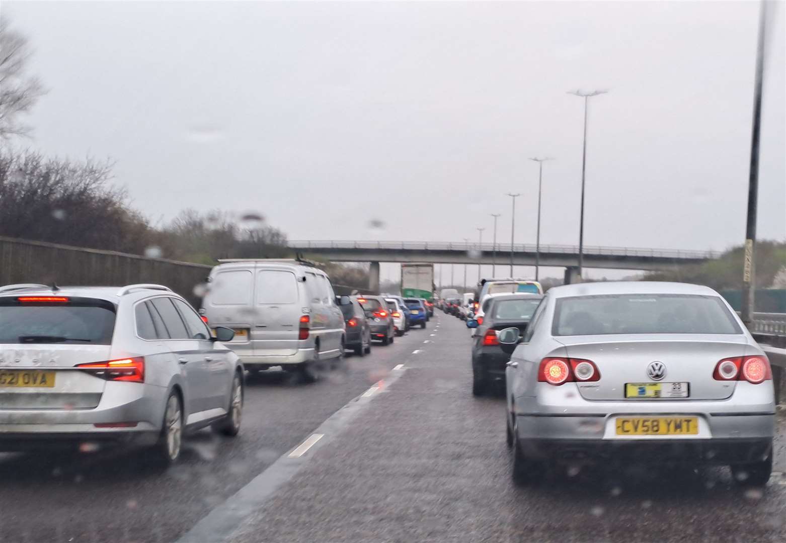Queues on the Thanet Way between Herne Bay and Whitstable during preparation works ahead of a contraflow for a three-month resurfacing project