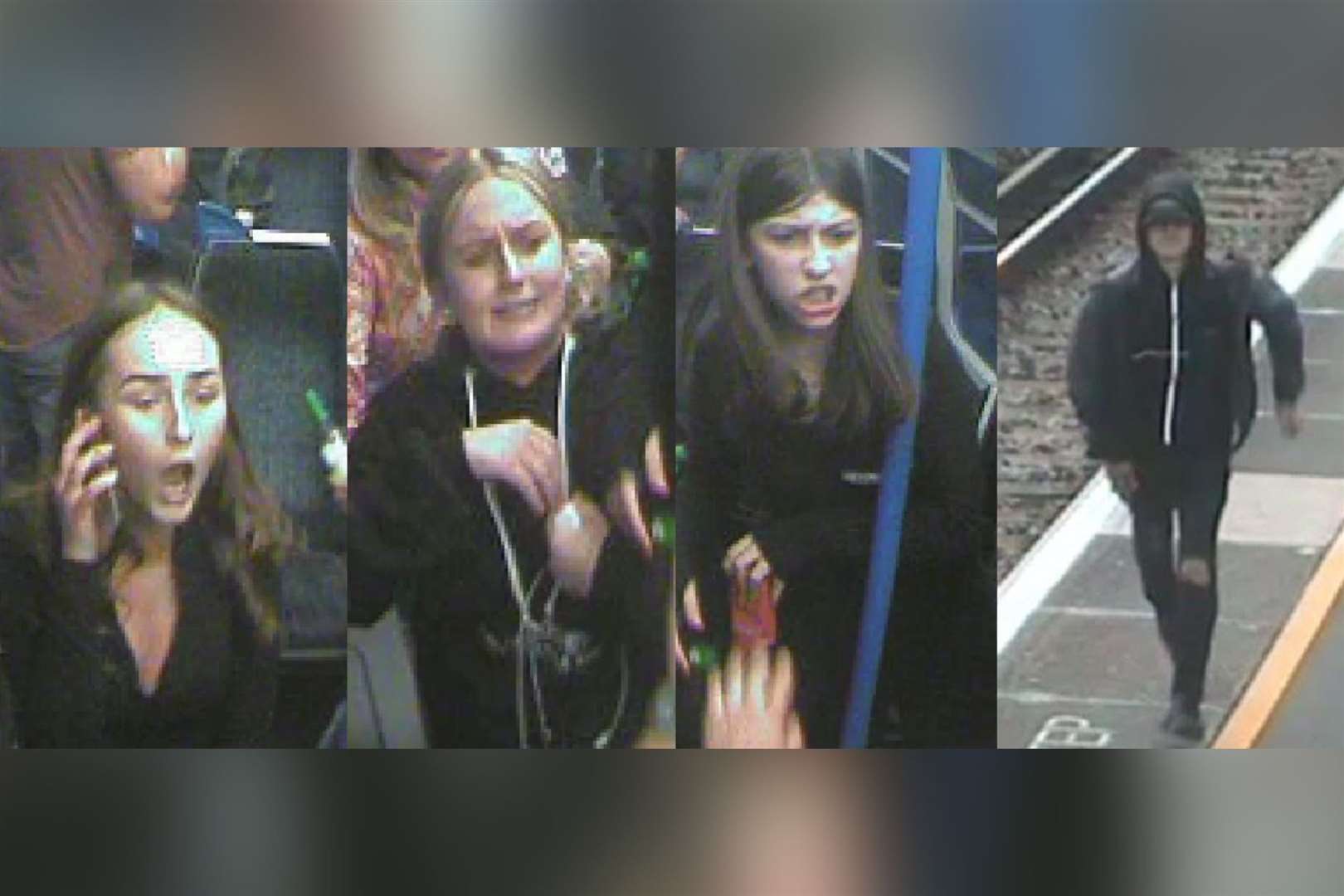 Police have released images of four people after train passengers were attacked by a gang with glass bottles on services between Dartford and London Charing Cross. Picture: British Transport Police