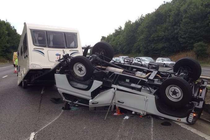 The overturned vehicle, which spun around, blocked the M25. Picture: @KentPoliceRoads